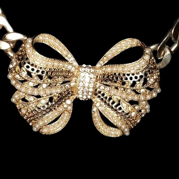 RARE Vintage 70s Gold Tone Bow Necklace Chunky Choker Rhinestone Pearls Filigree - Picture 6 of 9